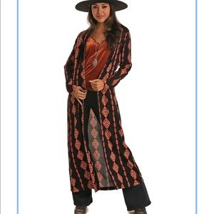 Rock & Roll Cowgirl Black Duster with Coral Geometric Print M